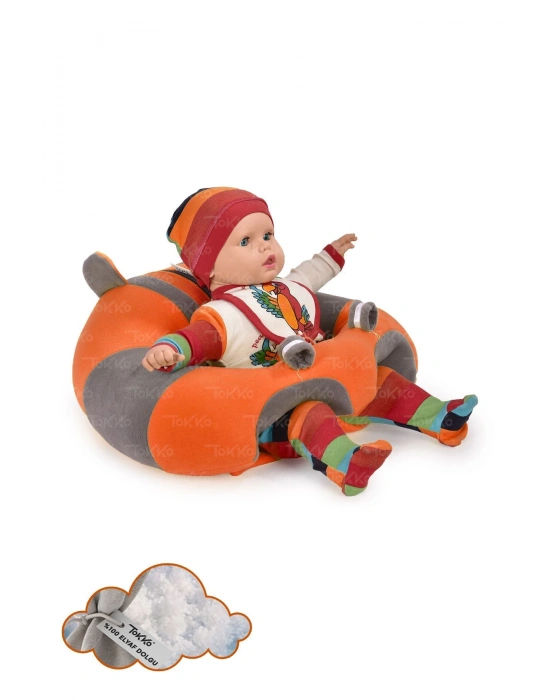 Elyaf Dolgu Bebek Oturma Destek Minderi - Devrilmez Bebek Koltuğu - Büyük Bebek Oturağı Turuncu Gri