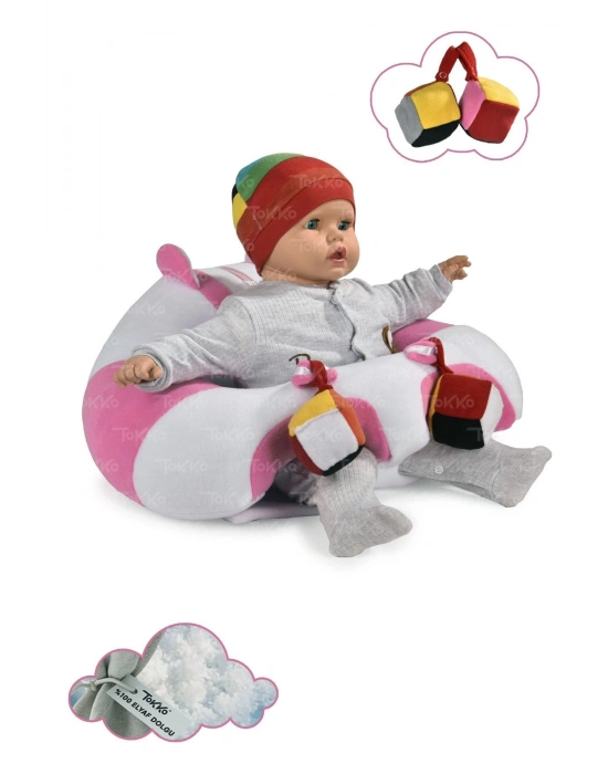 Oyuncaklı Bebek Oturma Destek Minderi - Devrilmez Bebek Koltuğu - Büyük Bebek Oturağı Beyaz Pembe