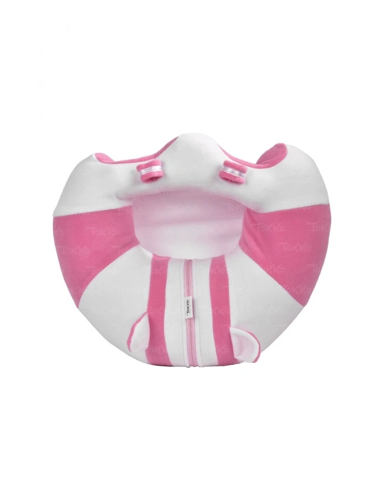 Oyuncaklı Bebek Oturma Destek Minderi - Devrilmez Bebek Koltuğu - Büyük Bebek Oturağı Beyaz Pembe