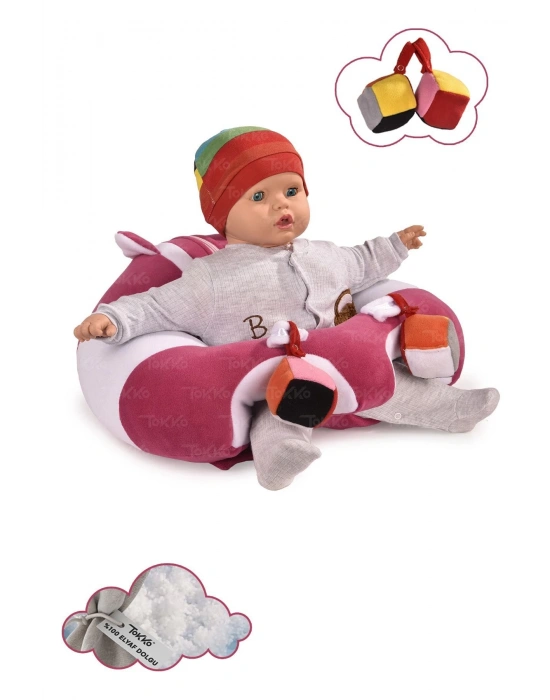 Oyuncaklı Bebek Oturma Destek Minderi - Devrilmez Bebek Koltuğu - Büyük Bebek Oturağı Fuşya Beyaz