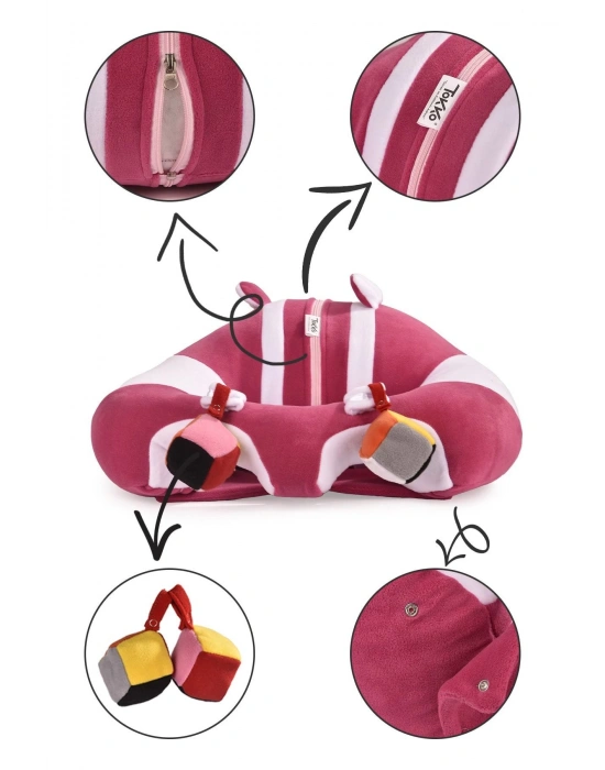 Oyuncaklı Bebek Oturma Destek Minderi - Devrilmez Bebek Koltuğu - Büyük Bebek Oturağı Fuşya Beyaz