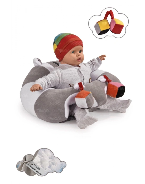 Oyuncaklı Bebek Oturma Destek Minderi - Devrilmez Bebek Koltuğu - Büyük Bebek Oturağı Gri Beyaz