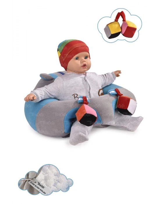 Oyuncaklı Bebek Oturma Destek Minderi - Devrilmez Bebek Koltuğu - Büyük Bebek Oturağı Gri Mavi