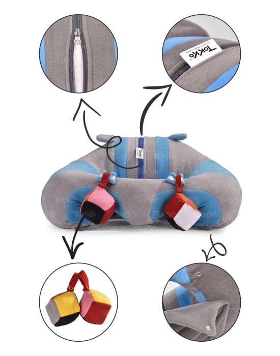Oyuncaklı Bebek Oturma Destek Minderi - Devrilmez Bebek Koltuğu - Büyük Bebek Oturağı Gri Mavi