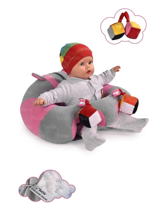 Oyuncaklı Bebek Oturma Destek Minderi - Devrilmez Bebek Koltuğu - Büyük Bebek Oturağı Gri Pembe