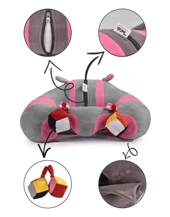 Oyuncaklı Bebek Oturma Destek Minderi - Devrilmez Bebek Koltuğu - Büyük Bebek Oturağı Gri Pembe