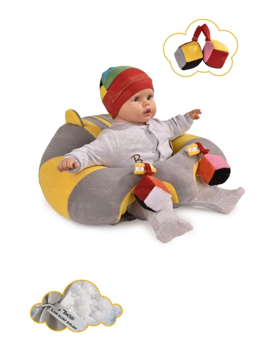 Oyuncaklı Bebek Oturma Destek Minderi - Devrilmez Bebek Koltuğu - Büyük Bebek Oturağı Gri Sarı