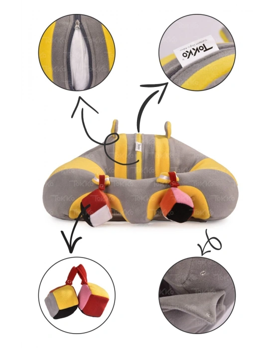 Oyuncaklı Bebek Oturma Destek Minderi - Devrilmez Bebek Koltuğu - Büyük Bebek Oturağı Gri Sarı