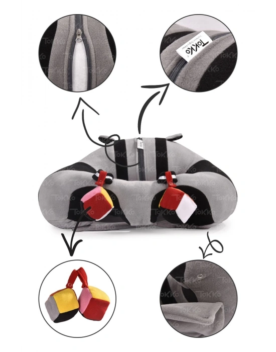 Oyuncaklı Bebek Oturma Destek Minderi - Devrilmez Bebek Koltuğu - Büyük Bebek Oturağı Gri Siyah