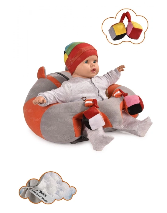 Oyuncaklı Bebek Oturma Destek Minderi - Devrilmez Bebek Koltuğu - Büyük Bebek Oturağı Gri Turuncu