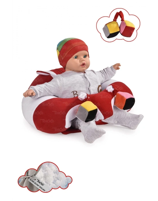 Oyuncaklı Bebek Oturma Destek Minderi - Devrilmez Bebek Koltuğu - Büyük Bebek Oturağı Kırmızı Beyaz