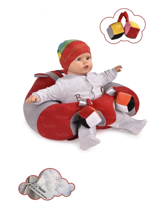 Oyuncaklı Bebek Oturma Destek Minderi - Devrilmez Bebek Koltuğu - Büyük Bebek Oturağı Kırmızı Gri