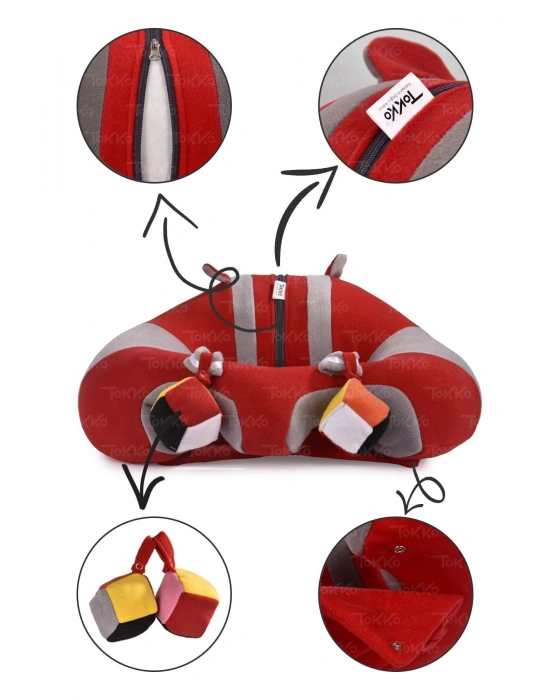 Oyuncaklı Bebek Oturma Destek Minderi - Devrilmez Bebek Koltuğu - Büyük Bebek Oturağı Kırmızı Gri