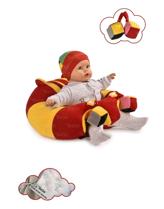 Oyuncaklı Bebek Oturma Destek Minderi - Devrilmez Bebek Koltuğu - Büyük Bebek Oturağı Kırmızı Sarı