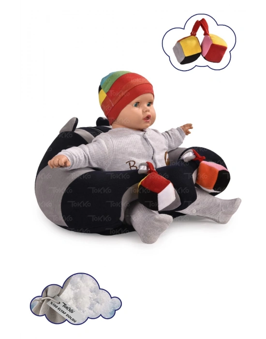 Oyuncaklı Bebek Oturma Destek Minderi - Devrilmez Bebek Koltuğu - Büyük Bebek Oturağı Lacivert Gri