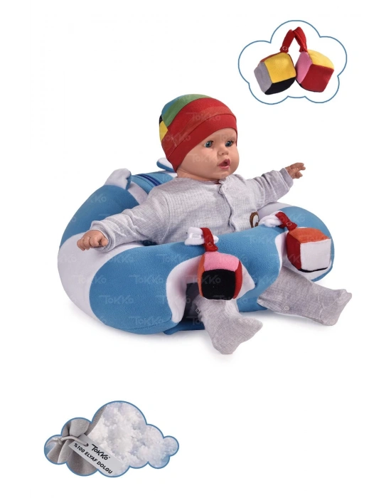 Oyuncaklı Bebek Oturma Destek Minderi - Devrilmez Bebek Koltuğu - Büyük Bebek Oturağı Mavi Beyaz