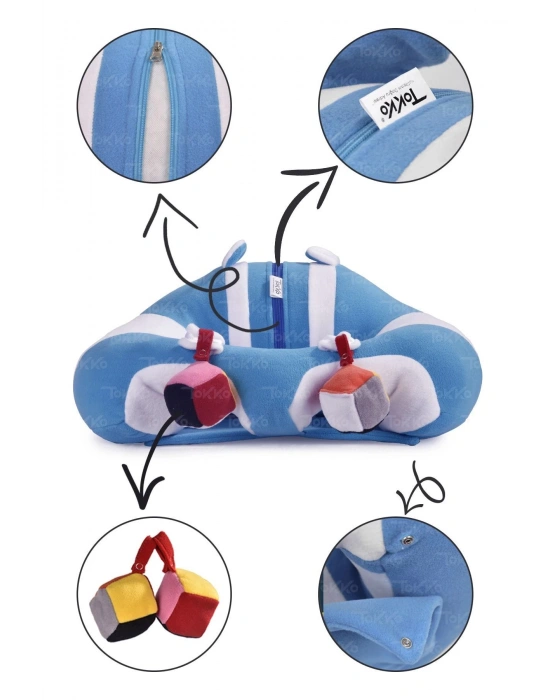 Oyuncaklı Bebek Oturma Destek Minderi - Devrilmez Bebek Koltuğu - Büyük Bebek Oturağı Mavi Beyaz