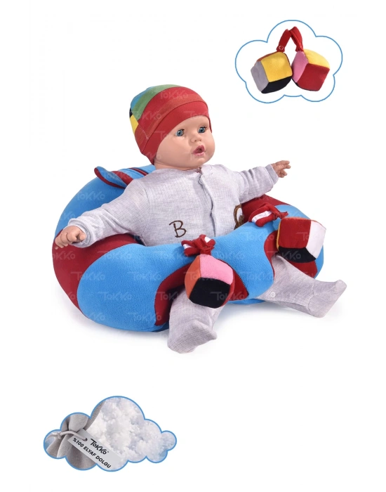 Oyuncaklı Bebek Oturma Destek Minderi - Devrilmez Bebek Koltuğu - Büyük Bebek Oturağı Mavi Kırmızı