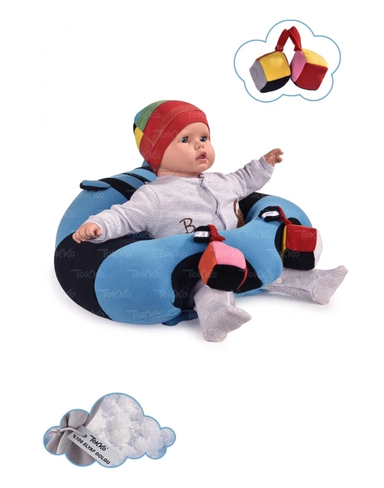 Oyuncaklı Bebek Oturma Destek Minderi - Devrilmez Bebek Koltuğu - Büyük Bebek Oturağı Mavi Siyah