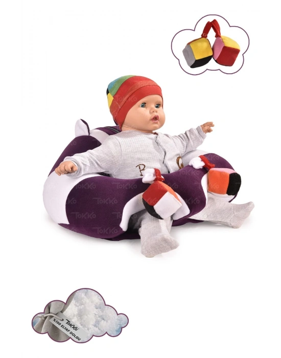 Oyuncaklı Bebek Oturma Destek Minderi - Devrilmez Bebek Koltuğu - Büyük Bebek Oturağı Mor Beyaz