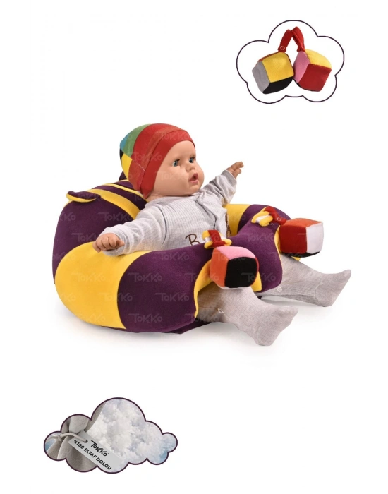 Oyuncaklı Bebek Oturma Destek Minderi - Devrilmez Bebek Koltuğu - Büyük Bebek Oturağı Mor Sarı
