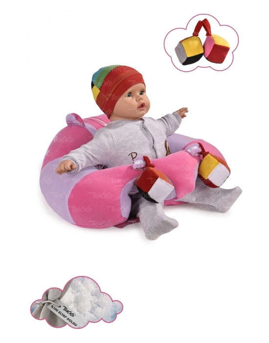 Oyuncaklı Bebek Oturma Destek Minderi - Devrilmez Bebek Koltuğu - Büyük Bebek Oturağı Pembe Lila