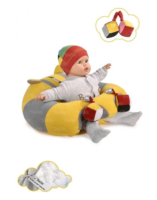 Oyuncaklı Bebek Oturma Destek Minderi - Devrilmez Bebek Koltuğu - Büyük Bebek Oturağı Sarı Gri