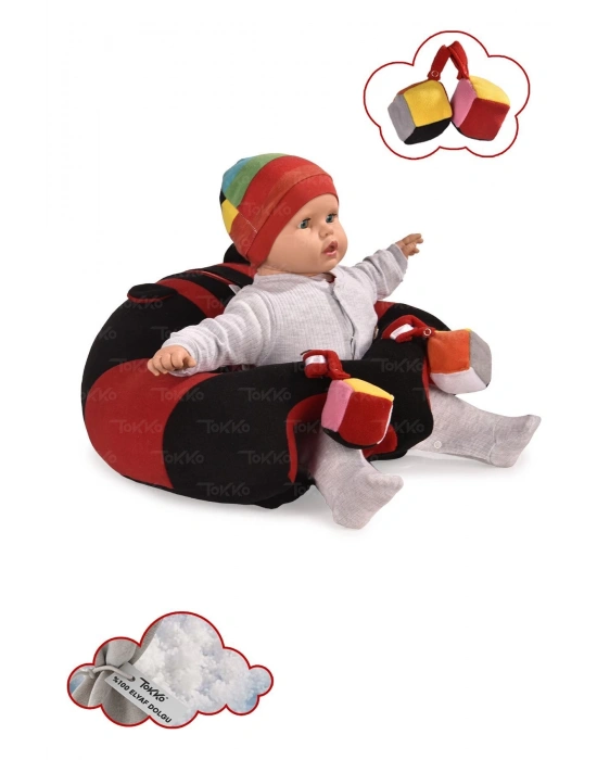 Oyuncaklı Bebek Oturma Destek Minderi - Devrilmez Bebek Koltuğu - Büyük Bebek Oturağı Siyah Kırmızı