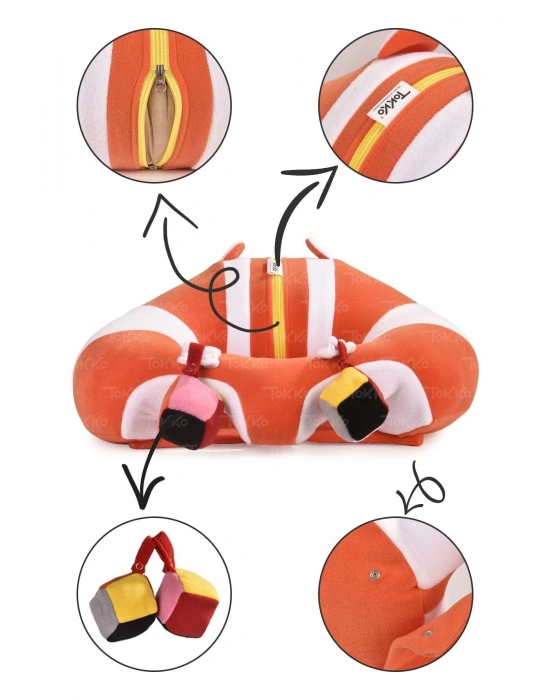 Oyuncaklı Bebek Oturma Destek Minderi - Devrilmez Bebek Koltuğu - Büyük Bebek Oturağı Turuncu Beyaz