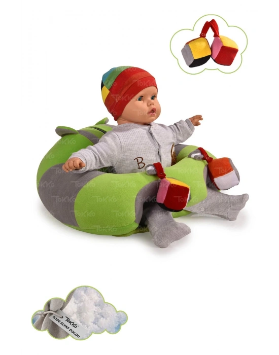 Oyuncaklı Bebek Oturma Destek Minderi - Devrilmez Bebek Koltuğu - Büyük Bebek Oturağı Yeşil Gri