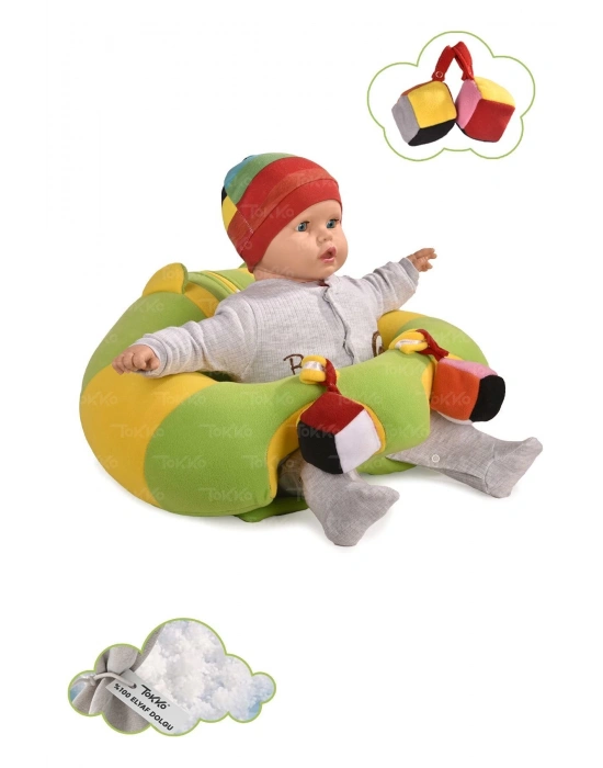 Oyuncaklı Bebek Oturma Destek Minderi - Devrilmez Bebek Koltuğu - Büyük Bebek Oturağı Yeşil Sarı