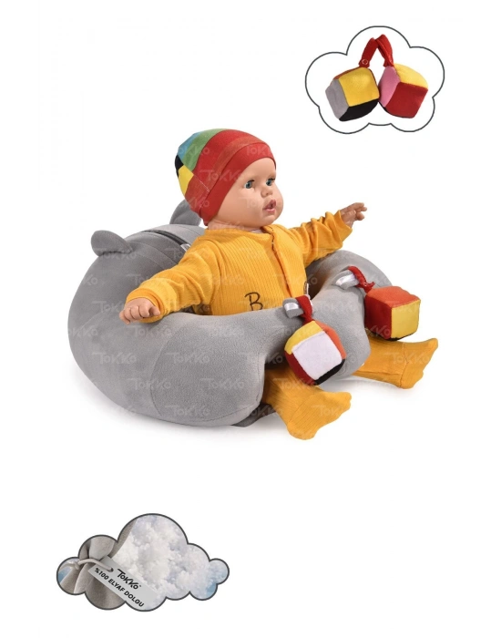 Oyuncaklı Bebek Oturma Destek Minderi - Devrilmez Bebek Koltuğu - Elyaflı Büyük Bebek Oturağı Gri