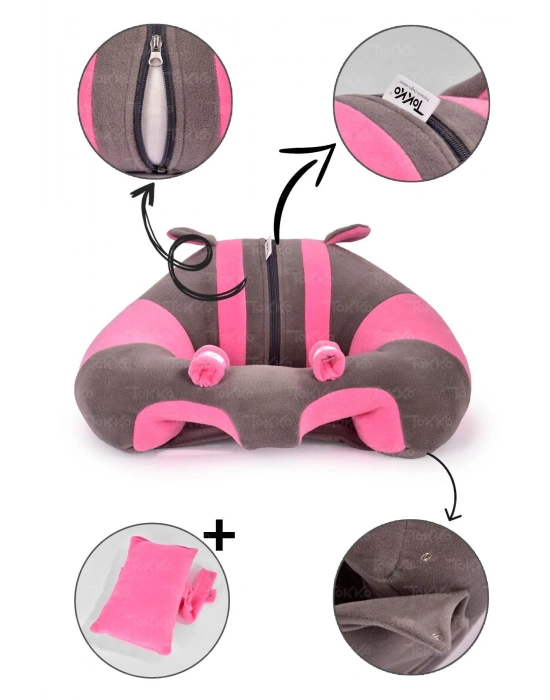 Yastık Hediyeli Bebek  Oturma Destek Minderi - Büyük Bebek Koltuğu  Gri Pembe