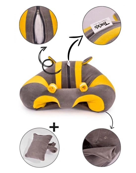 Yastık Hediyeli Bebek  Oturma Destek Minderi - Büyük Bebek Koltuğu Gri Sarı