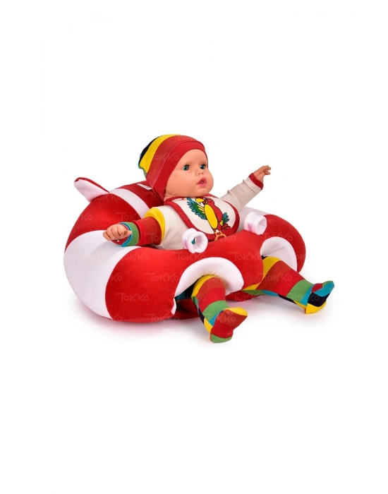 Yastıklı Bebek Oturma Destek Minderi - Devrilmez Bebek Koltuğu - Büyük Bebek Oturağı Kırmızı Beyaz