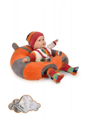 Elyaf Dolgu Bebek Oturma Destek Minderi - Devrilmez Bebek Koltuğu - Büyük Bebek Oturağı Turuncu Gri