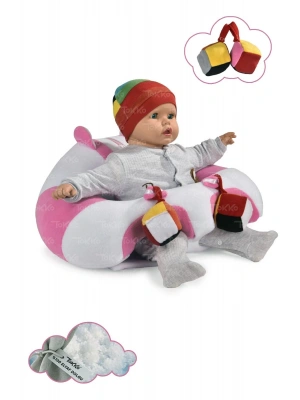 Oyuncaklı Bebek Oturma Destek Minderi - Devrilmez Bebek Koltuğu - Büyük Bebek Oturağı Beyaz Pembe