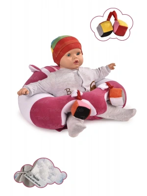 Oyuncaklı Bebek Oturma Destek Minderi - Devrilmez Bebek Koltuğu - Büyük Bebek Oturağı Fuşya Beyaz