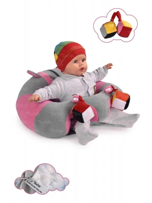 Oyuncaklı Bebek Oturma Destek Minderi - Devrilmez Bebek Koltuğu - Büyük Bebek Oturağı Gri Pembe