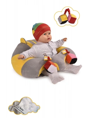Oyuncaklı Bebek Oturma Destek Minderi - Devrilmez Bebek Koltuğu - Büyük Bebek Oturağı Gri Sarı