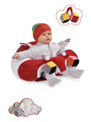 Oyuncaklı Bebek Oturma Destek Minderi - Devrilmez Bebek Koltuğu - Büyük Bebek Oturağı Kırmızı Beyaz