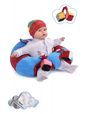 Oyuncaklı Bebek Oturma Destek Minderi - Devrilmez Bebek Koltuğu - Büyük Bebek Oturağı Mavi Kırmızı