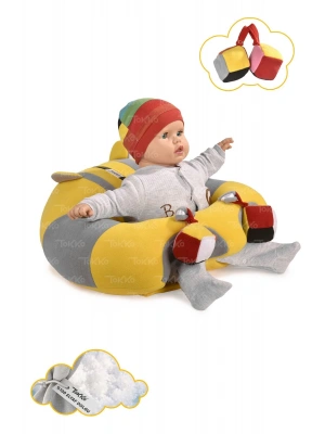 Oyuncaklı Bebek Oturma Destek Minderi - Devrilmez Bebek Koltuğu - Büyük Bebek Oturağı Sarı Gri