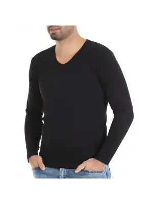 Yıldız Likralı V Yaka Uzun Kol Siyah