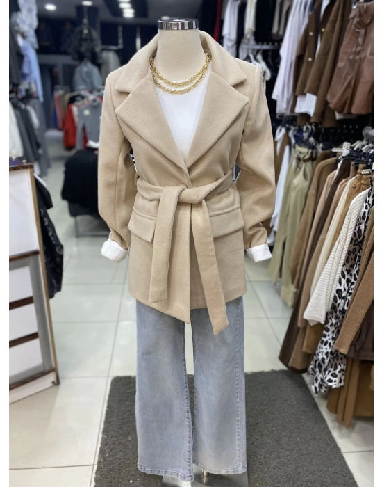 Kaşe Kuşaklı Blazer Ceket Ekru