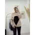 Oversize Düşük Omuzlu Baklava Desenli Triko Kazak - Bej