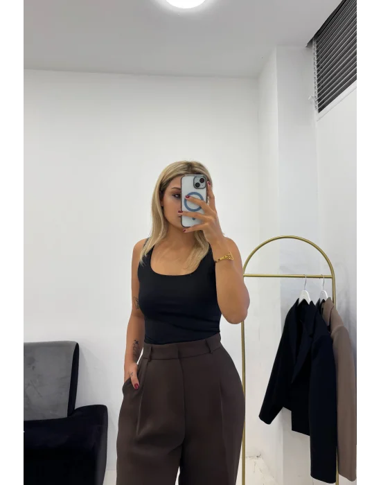 Çikolata Kahve Pile Detaylı Yüksek Bel Wide Leg Pantolon