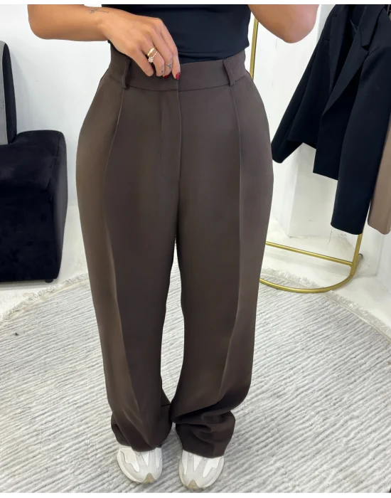 Çikolata Kahve Pile Detaylı Yüksek Bel Wide Leg Pantolon