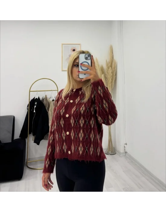 Baklava Desenli Düğmeli Hırka - Bordo