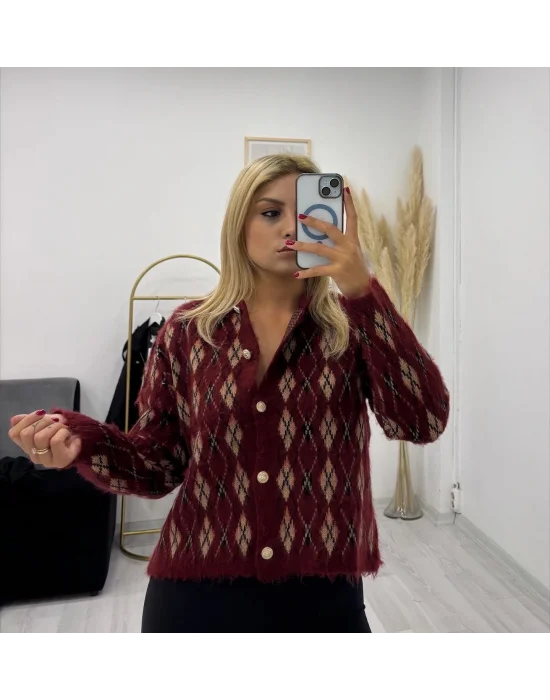 Baklava Desenli Düğmeli Hırka - Bordo